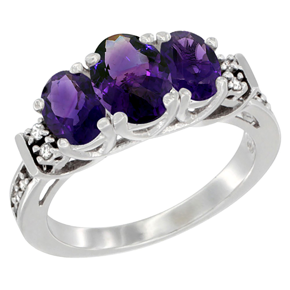 14K White Gold Natural Amethyst Ring 3-Stone Oval Diamond Accent, sizes 5-10