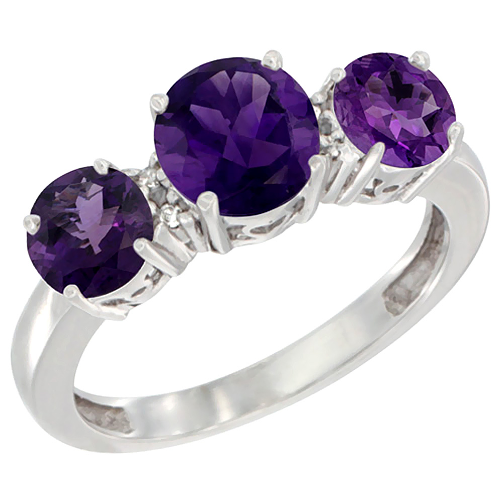 14K White Gold Round 3-Stone Natural Amethyst Ring Diamond Accent, sizes 5 - 10