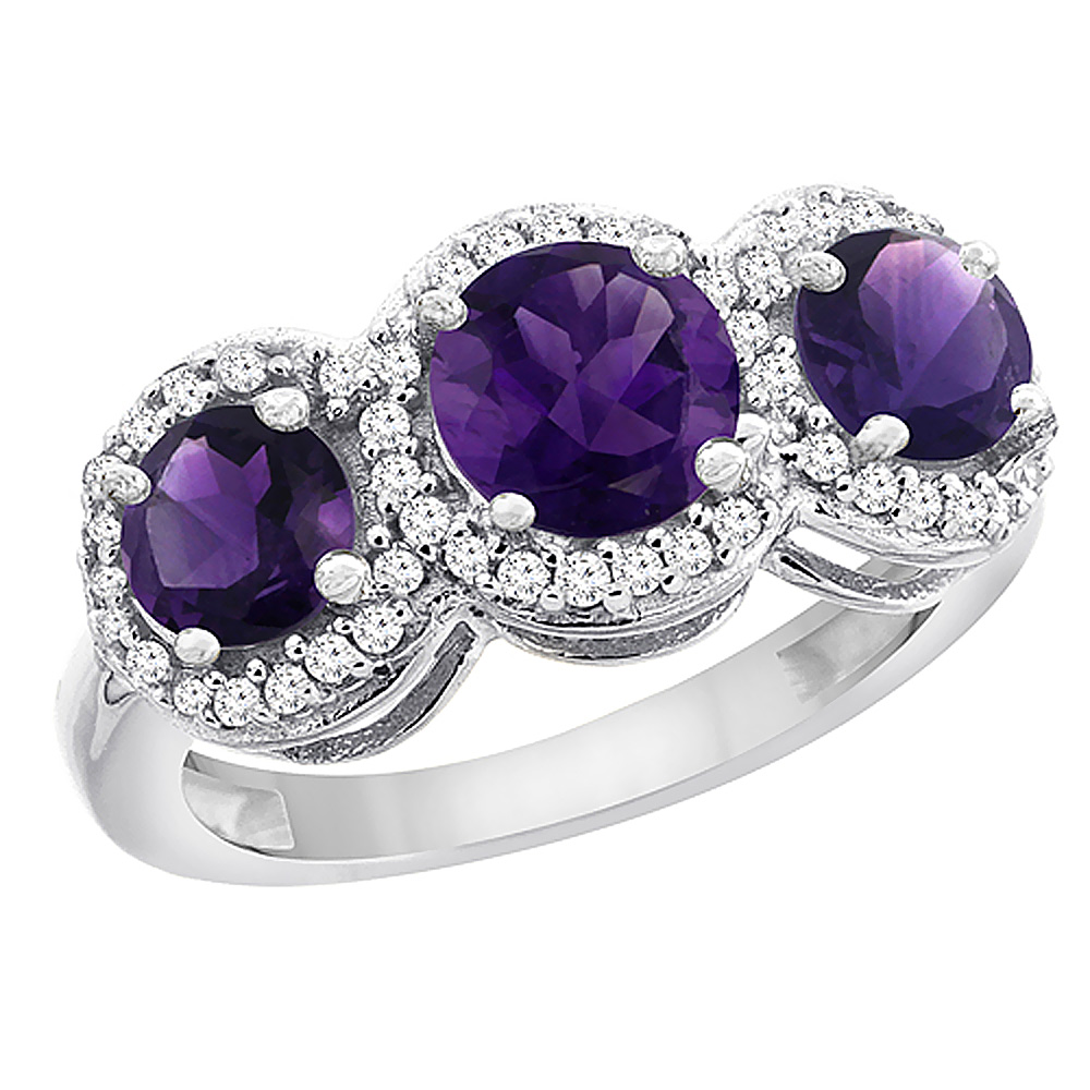 14K White Gold Natural Amethyst Round 3-stone Ring Diamond Accents, sizes 5 - 10