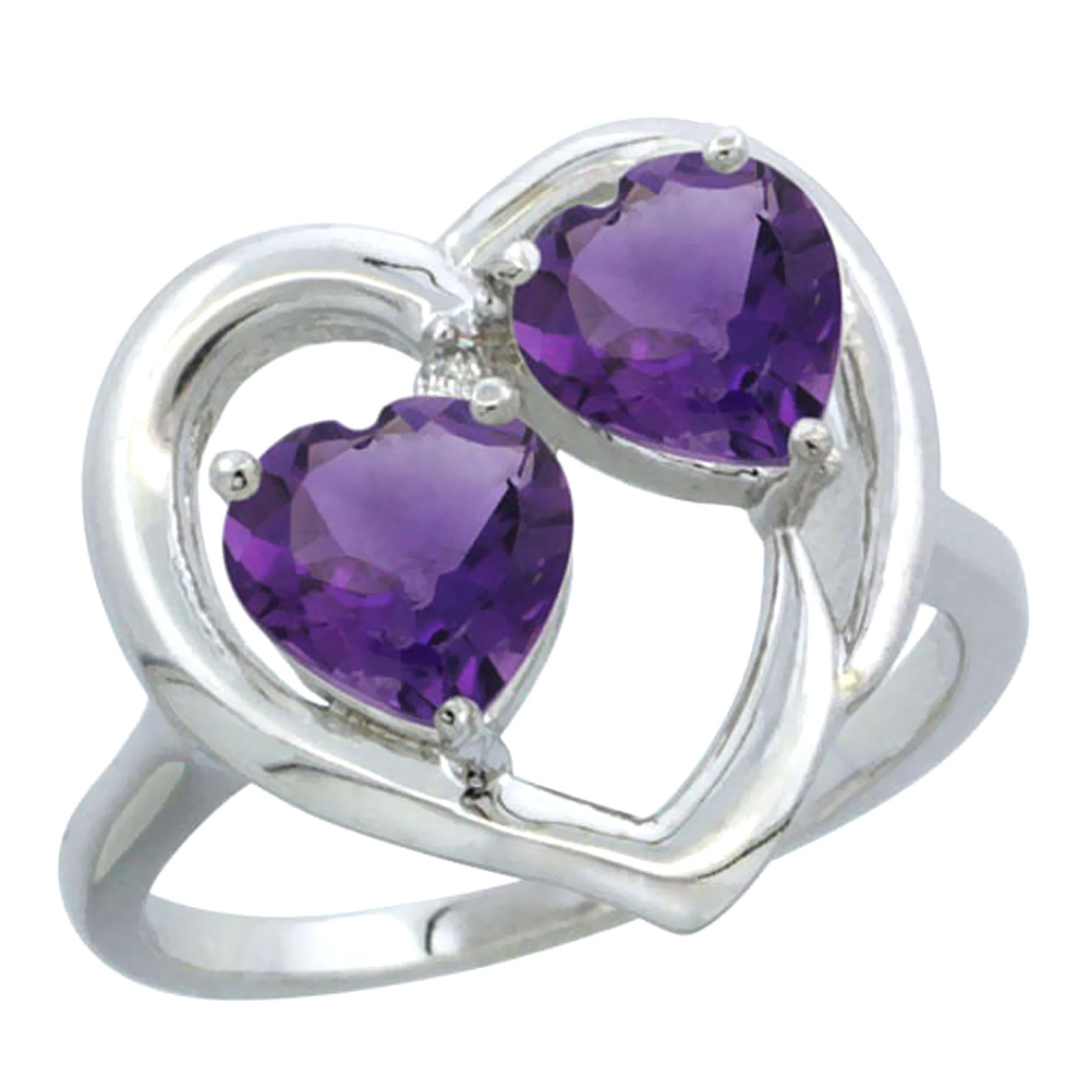 10K White Gold Diamond Two-stone Heart Ring 6 mm Natural Amethyst, sizes 5-10