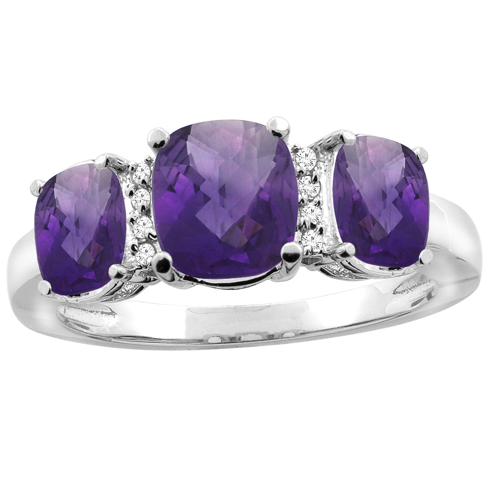 14K White Gold Natural Amethyst 3-stone Ring Cushion 8x6mm Diamond Accent, sizes 5 - 10