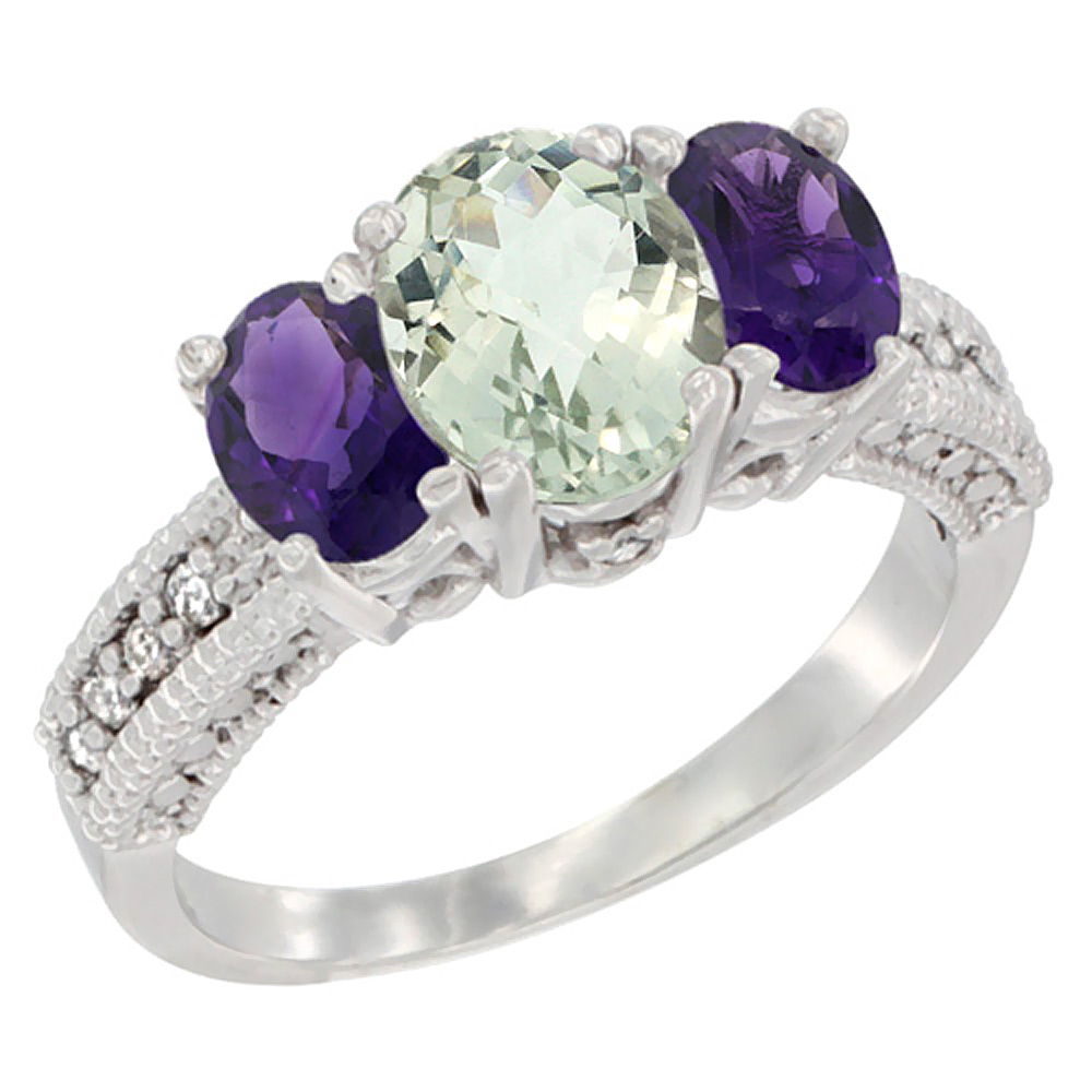 14K White Gold Diamond Natural Green Amethyst Ring Oval 3-stone with Amethyst, sizes 5 - 10