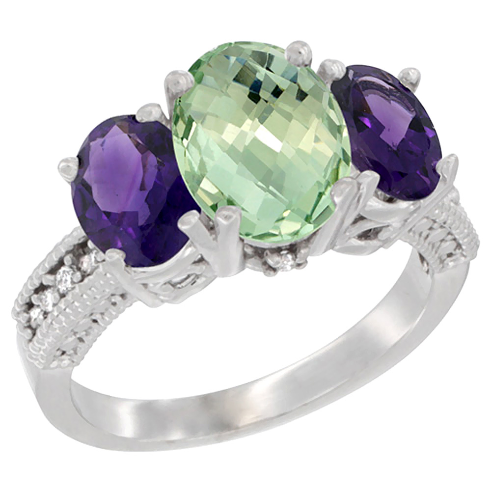 10K White Gold Diamond Natural Green Amethyst Ring 3-Stone Oval 8x6mm with Amethyst, sizes5-10