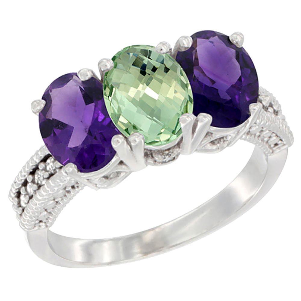 14K White Gold Natural Purple &amp; Green Amethysts Ring 3-Stone 7x5 mm Oval Diamond Accent, sizes 5 - 10