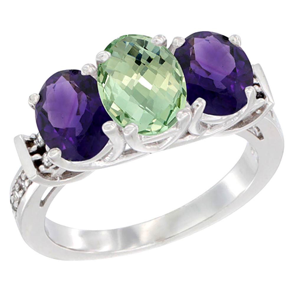 14K White Gold Natural Purple &amp; Green Amethysts Ring 3-Stone Oval Diamond Accent, sizes 5 - 10