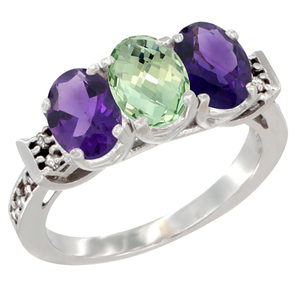 14K White Gold Natural Purple &amp; Green Amethysts Ring 3-Stone 7x5 mm Oval Diamond Accent, sizes 5 - 10