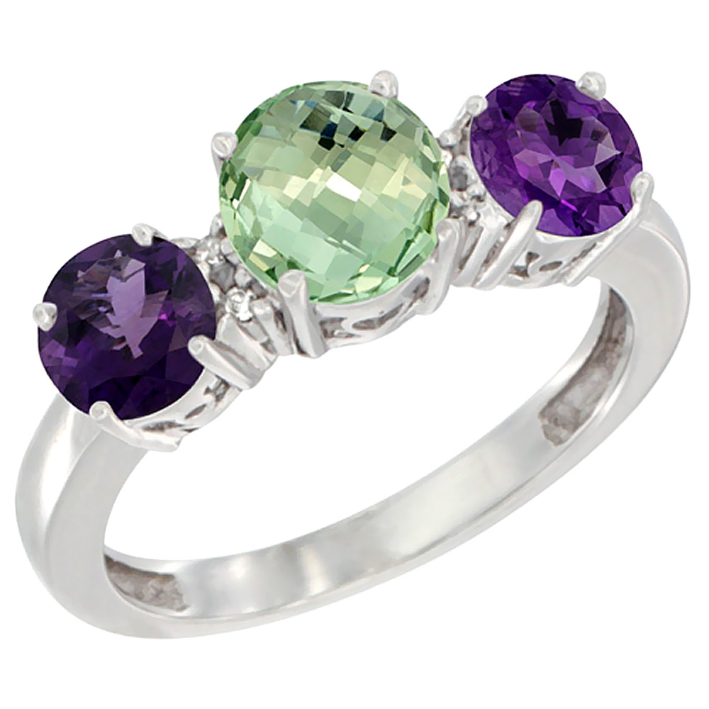 10K White Gold Round 3-Stone Natural Green Amethyst Ring &amp; Amethyst Sides Diamond Accent, sizes 5 - 10