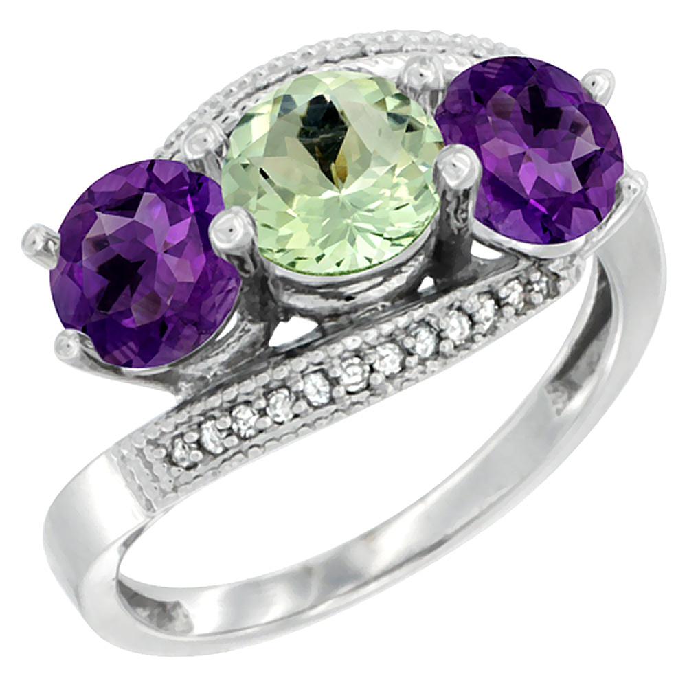 10K White Gold Natural Green &amp; Purple Amethysts 3 stone Ring Round 6mm Diamond Accent, sizes 5 - 10