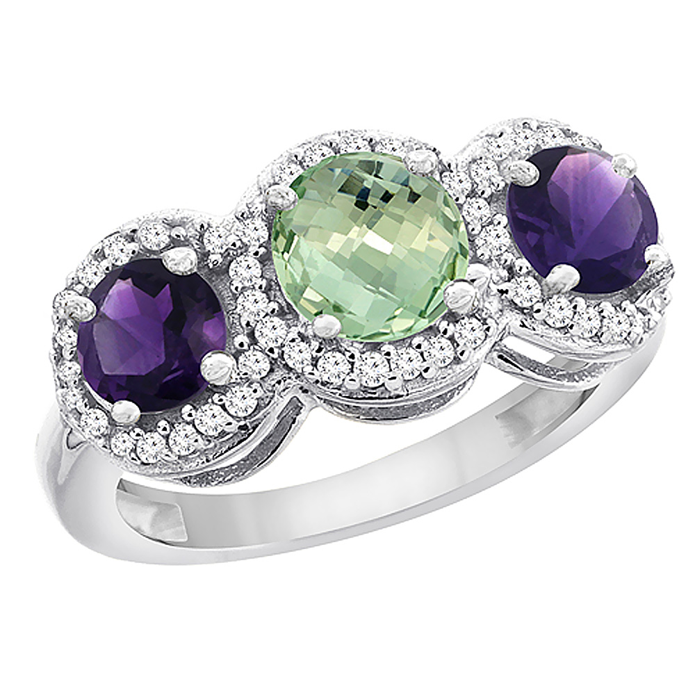 14K White Gold Natural Green Amethyst &amp; Amethyst Sides Round 3-stone Ring Diamond Accents, sizes 5 - 10