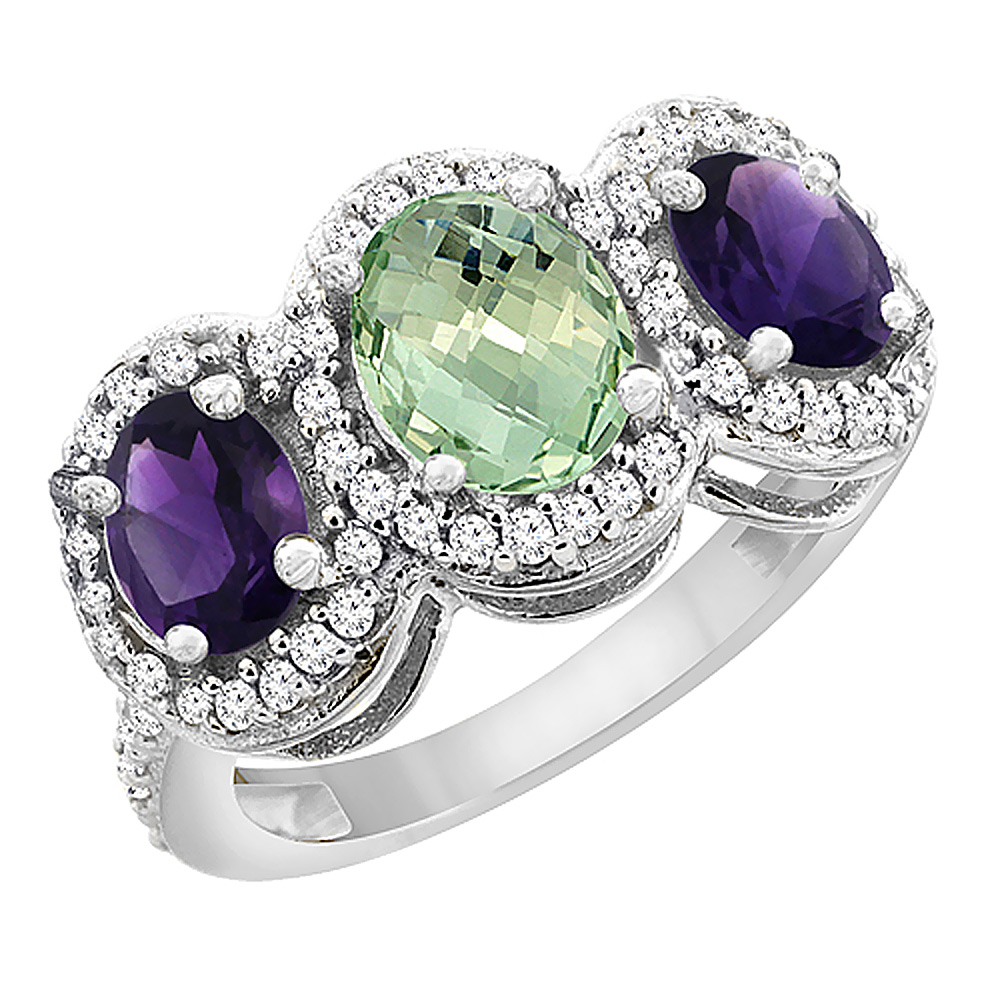 14K White Gold Natural Green Amethyst &amp; Purple Amethyst 3-Stone Ring Oval Diamond Accent, sizes 5 - 10