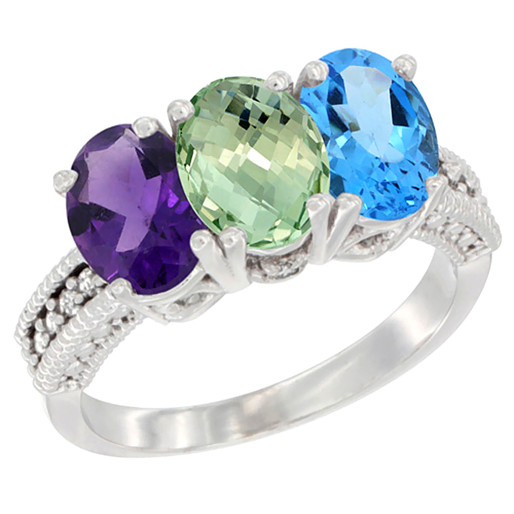 14K White Gold Natural Amethyst, Green Amethyst & Swiss Blue Topaz Ring 3-Stone 7x5 mm Oval Diamond Accent, sizes 5 - 10