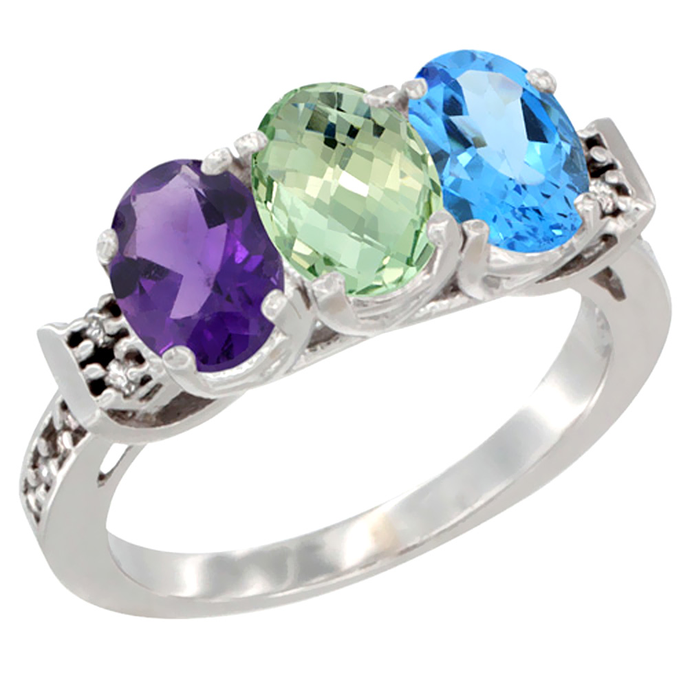 10K White Gold Natural Amethyst, Green Amethyst & Swiss Blue Topaz Ring 3-Stone Oval 7x5 mm Diamond Accent, sizes 5 - 10