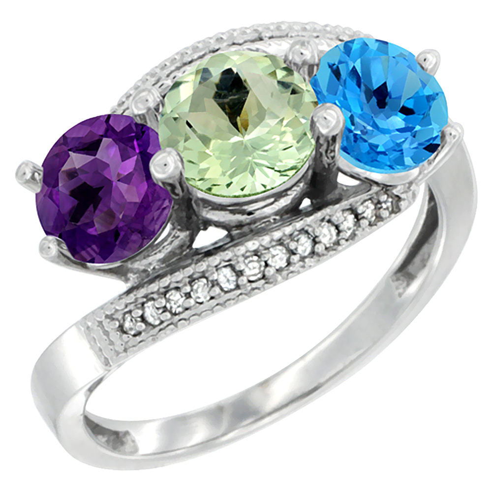 14K White Gold Natural Amethyst, Green Amethyst &amp; Swiss Blue Topaz 3 stone Ring Round 6mm Diamond Accent, sizes 5 - 10