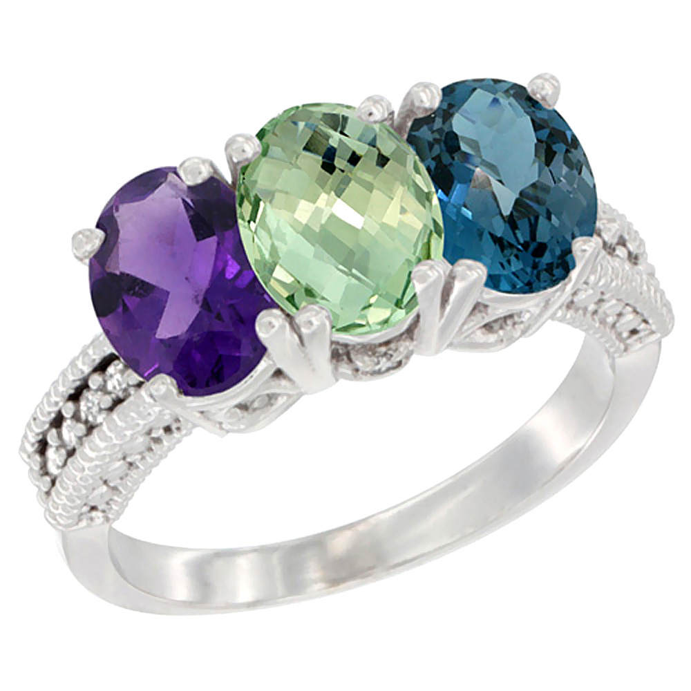 10K White Gold Natural Amethyst, Green Amethyst &amp; London Blue Topaz Ring 3-Stone Oval 7x5 mm Diamond Accent, sizes 5 - 10