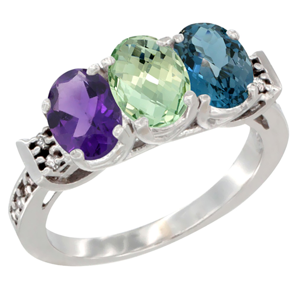 14K White Gold Natural Amethyst, Green Amethyst &amp; London Blue Topaz Ring 3-Stone 7x5 mm Oval Diamond Accent, sizes 5 - 10