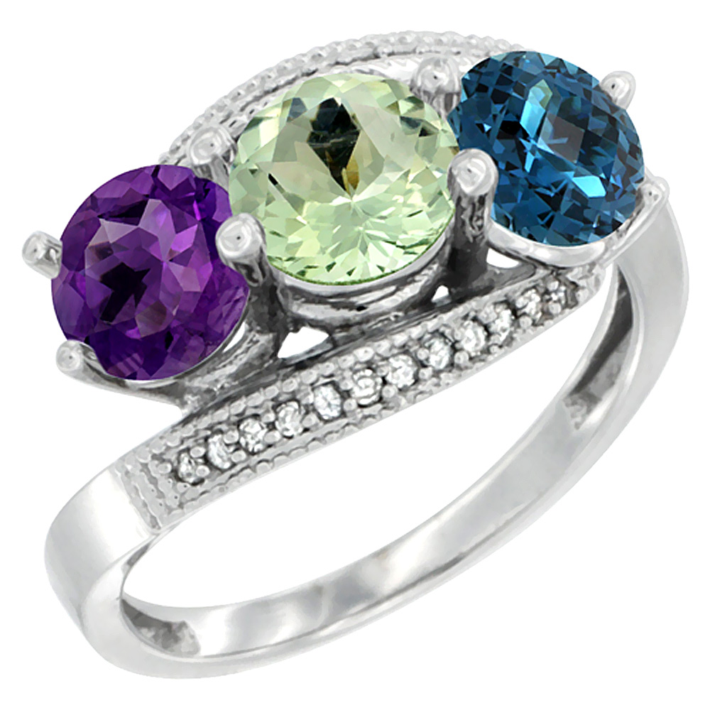 14K White Gold Natural Amethyst, Green Amethyst &amp; London Blue Topaz 3 stone Ring Round 6mm Diamond Accent, sizes 5 - 10