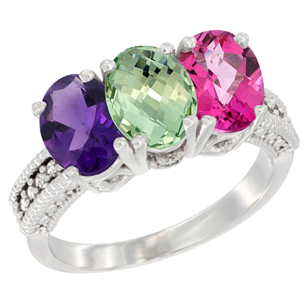 14K White Gold Natural Amethyst, Green Amethyst &amp; Pink Topaz Ring 3-Stone 7x5 mm Oval Diamond Accent, sizes 5 - 10