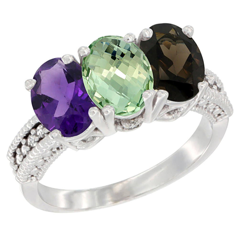 14K White Gold Natural Amethyst, Green Amethyst &amp; Smoky Topaz Ring 3-Stone 7x5 mm Oval Diamond Accent, sizes 5 - 10