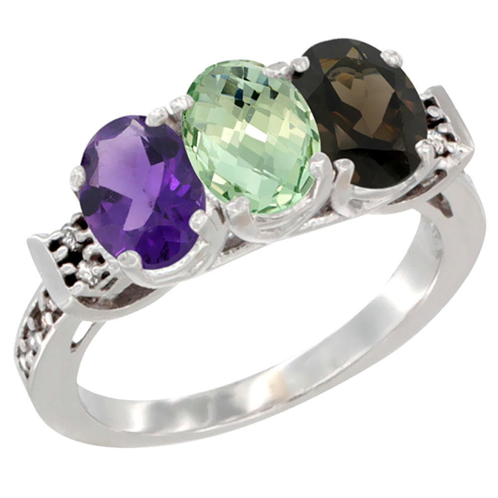 10K White Gold Natural Amethyst, Green Amethyst &amp; Smoky Topaz Ring 3-Stone Oval 7x5 mm Diamond Accent, sizes 5 - 10