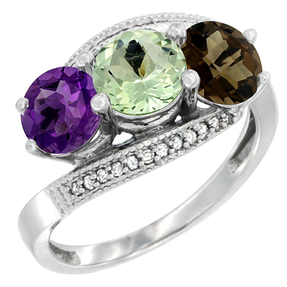 14K White Gold Natural Amethyst, Green Amethyst & Smoky Topaz 3 stone Ring Round 6mm Diamond Accent, sizes 5 - 10