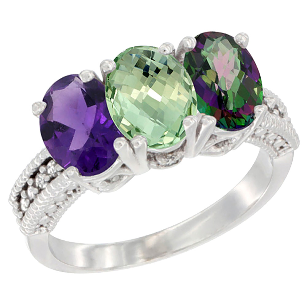 14K White Gold Natural Amethyst, Green Amethyst &amp; Mystic Topaz Ring 3-Stone 7x5 mm Oval Diamond Accent, sizes 5 - 10