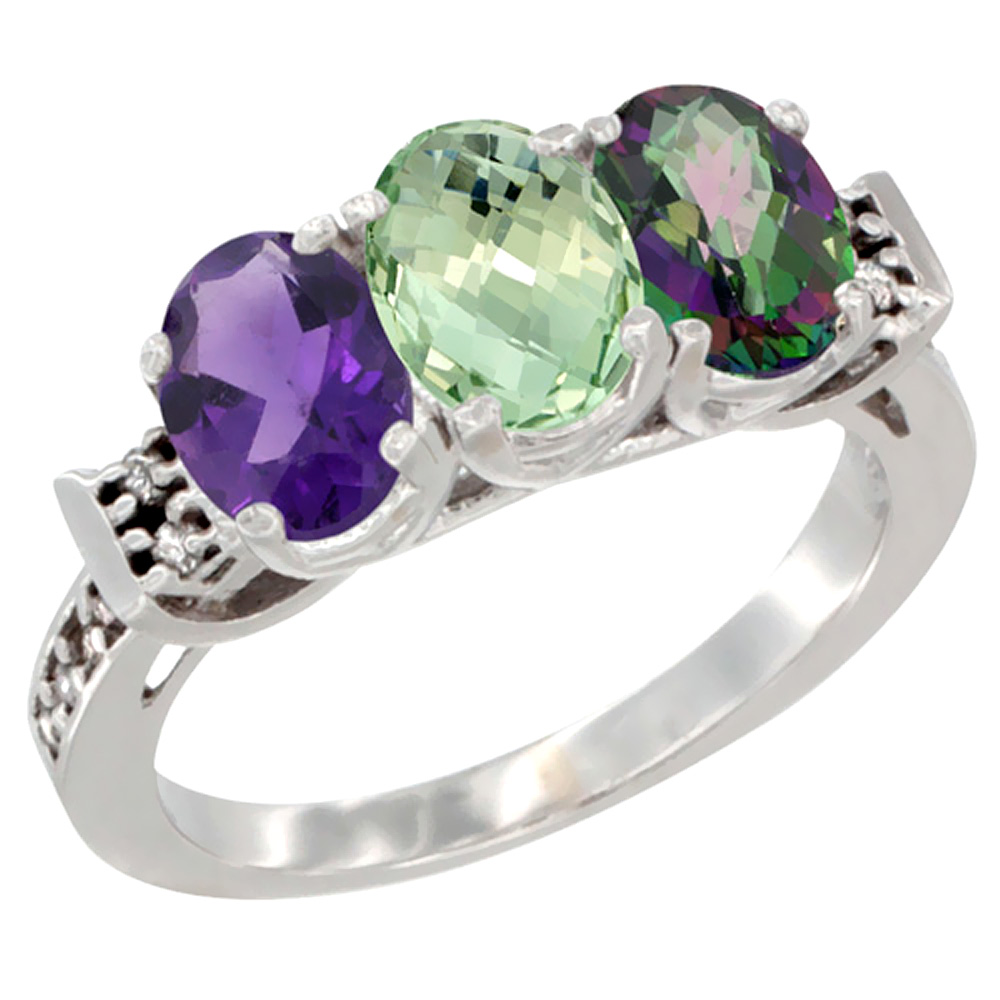 14K White Gold Natural Amethyst, Green Amethyst &amp; Mystic Topaz Ring 3-Stone 7x5 mm Oval Diamond Accent, sizes 5 - 10