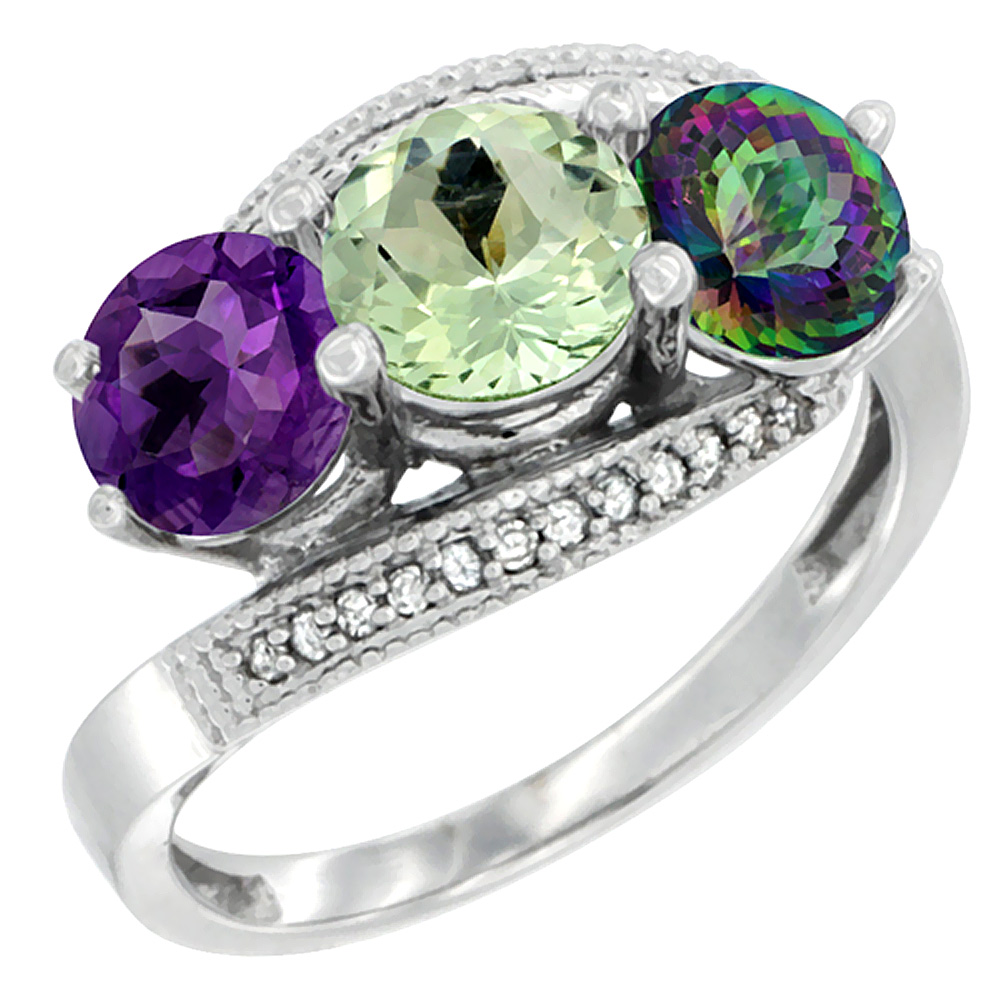 14K White Gold Natural Amethyst, Green Amethyst &amp; Mystic Topaz 3 stone Ring Round 6mm Diamond Accent, sizes 5 - 10