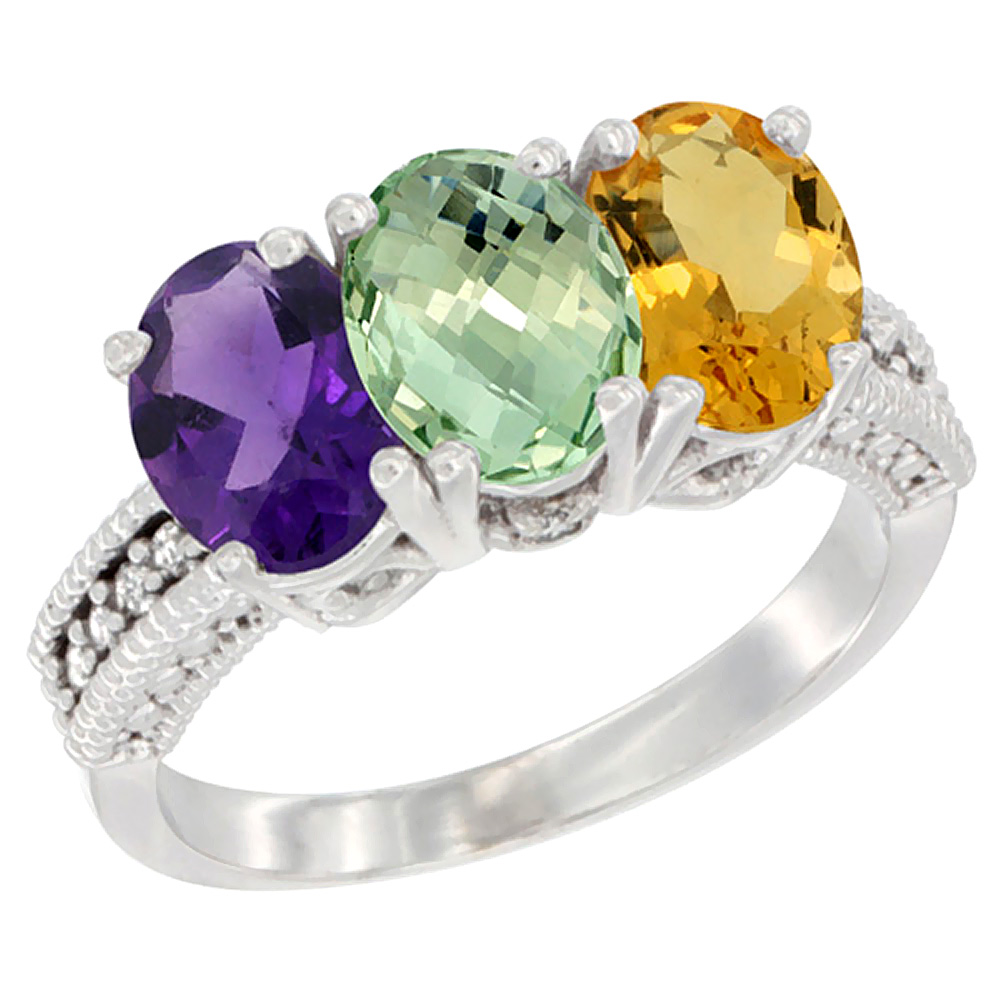 14K White Gold Natural Amethyst, Green Amethyst & Citrine Ring 3-Stone 7x5 mm Oval Diamond Accent, sizes 5 - 10