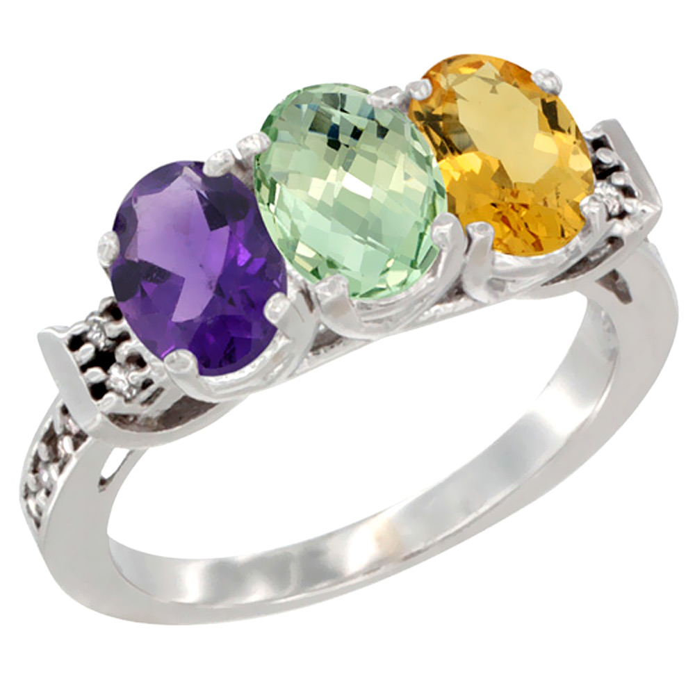 10K White Gold Natural Amethyst, Green Amethyst & Citrine Ring 3-Stone Oval 7x5 mm Diamond Accent, sizes 5 - 10