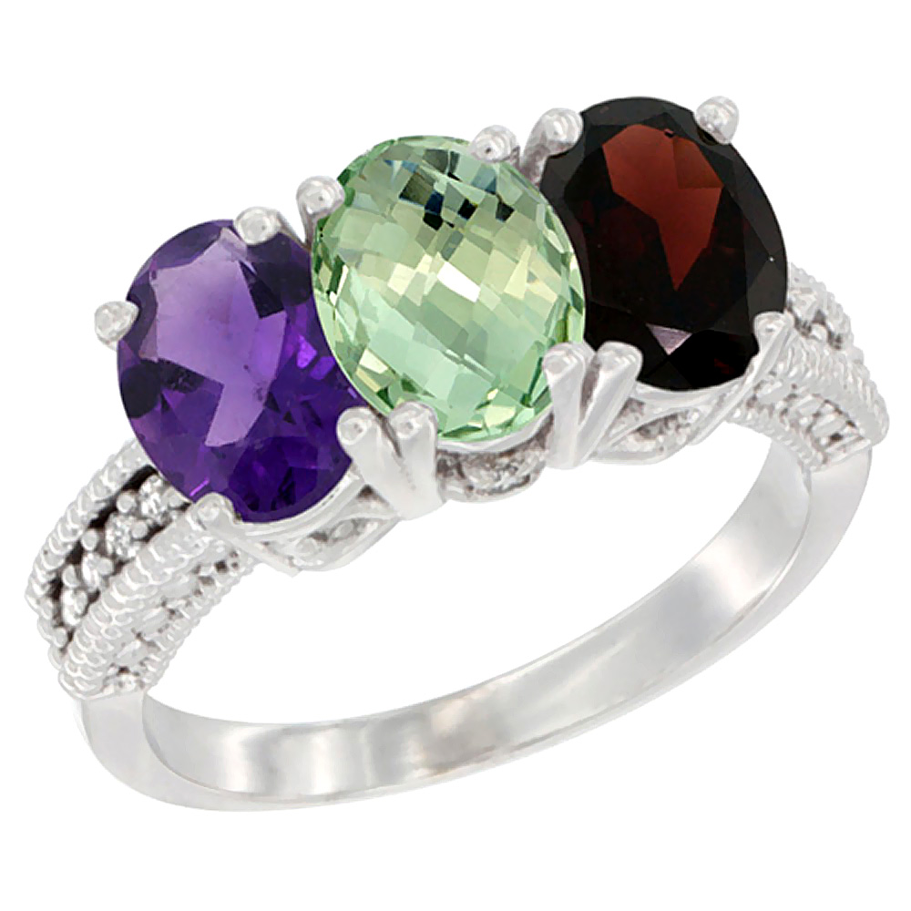 10K White Gold Natural Amethyst, Green Amethyst & Garnet Ring 3-Stone Oval 7x5 mm Diamond Accent, sizes 5 - 10