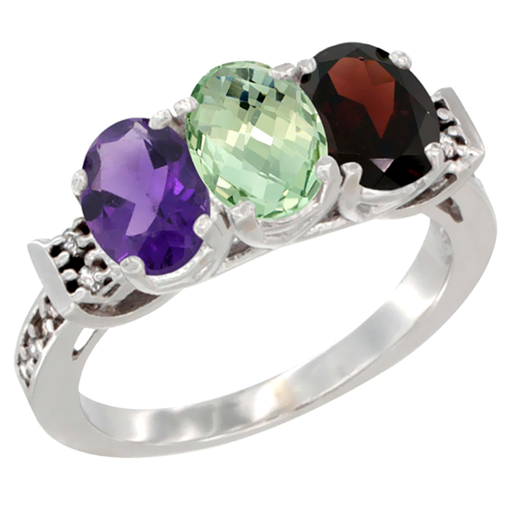 14K White Gold Natural Amethyst, Green Amethyst &amp; Garnet Ring 3-Stone 7x5 mm Oval Diamond Accent, sizes 5 - 10