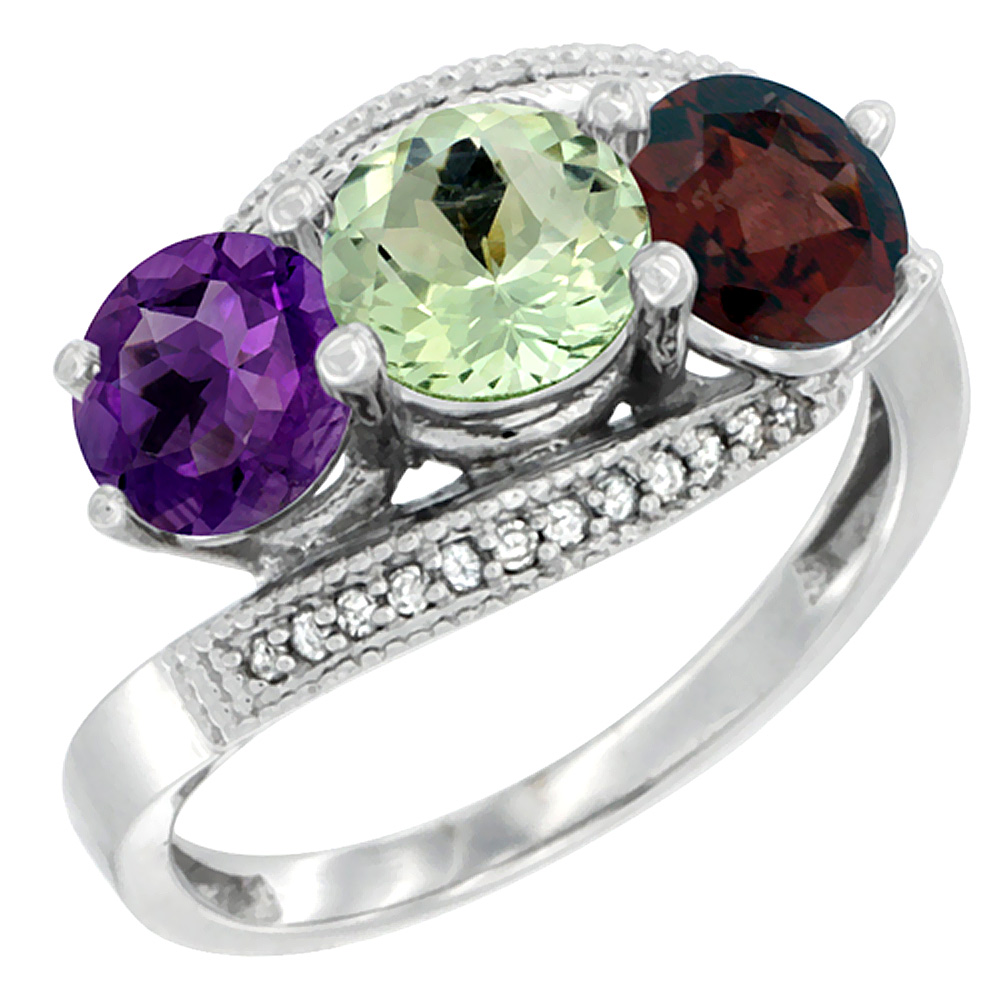 10K White Gold Natural Amethyst, Green Amethyst & Garnet 3 stone Ring Round 6mm Diamond Accent, sizes 5 - 10