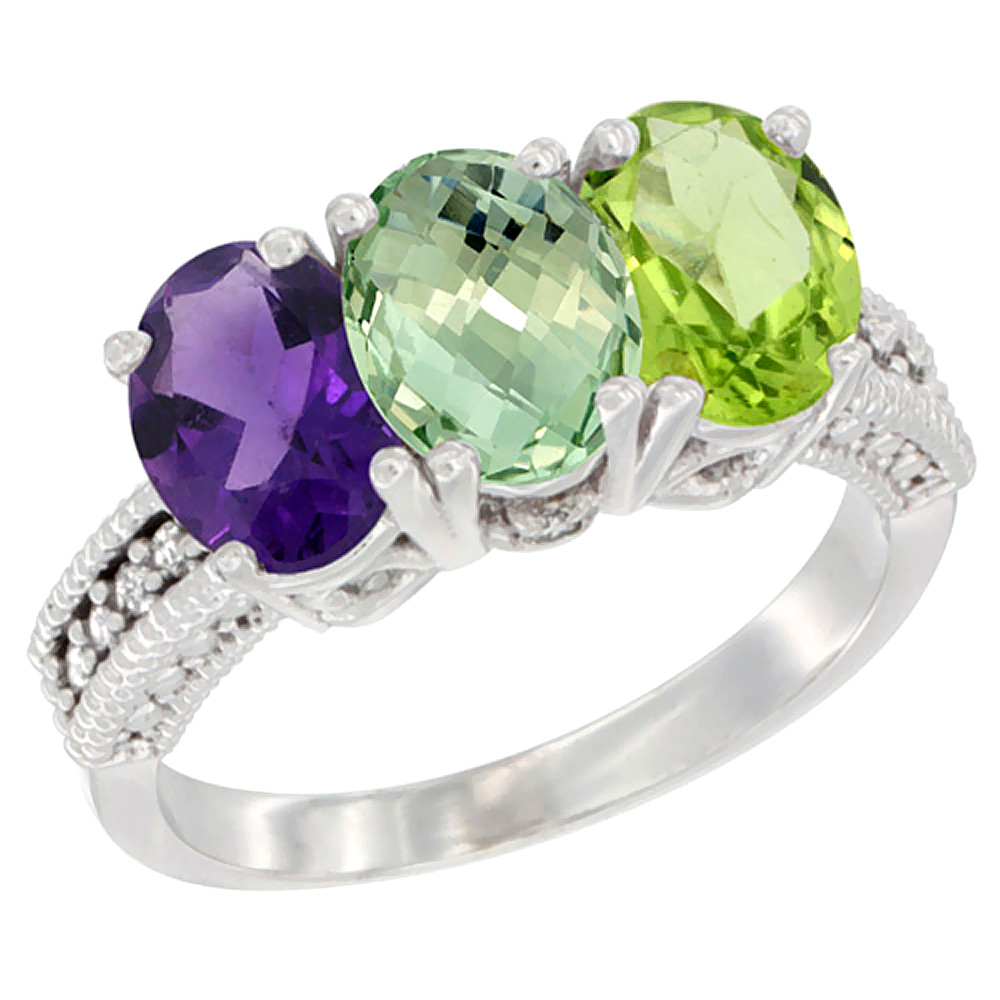 14K White Gold Natural Amethyst, Green Amethyst &amp; Peridot Ring 3-Stone 7x5 mm Oval Diamond Accent, sizes 5 - 10