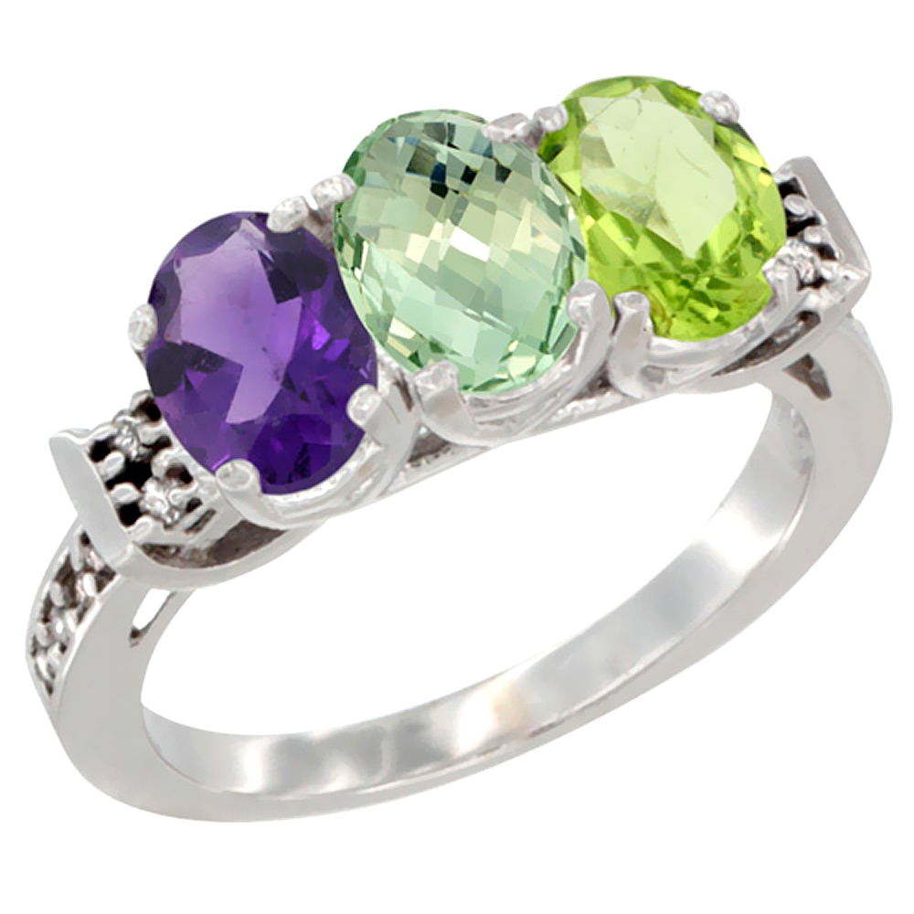 14K White Gold Natural Amethyst, Green Amethyst & Peridot Ring 3-Stone 7x5 mm Oval Diamond Accent, sizes 5 - 10