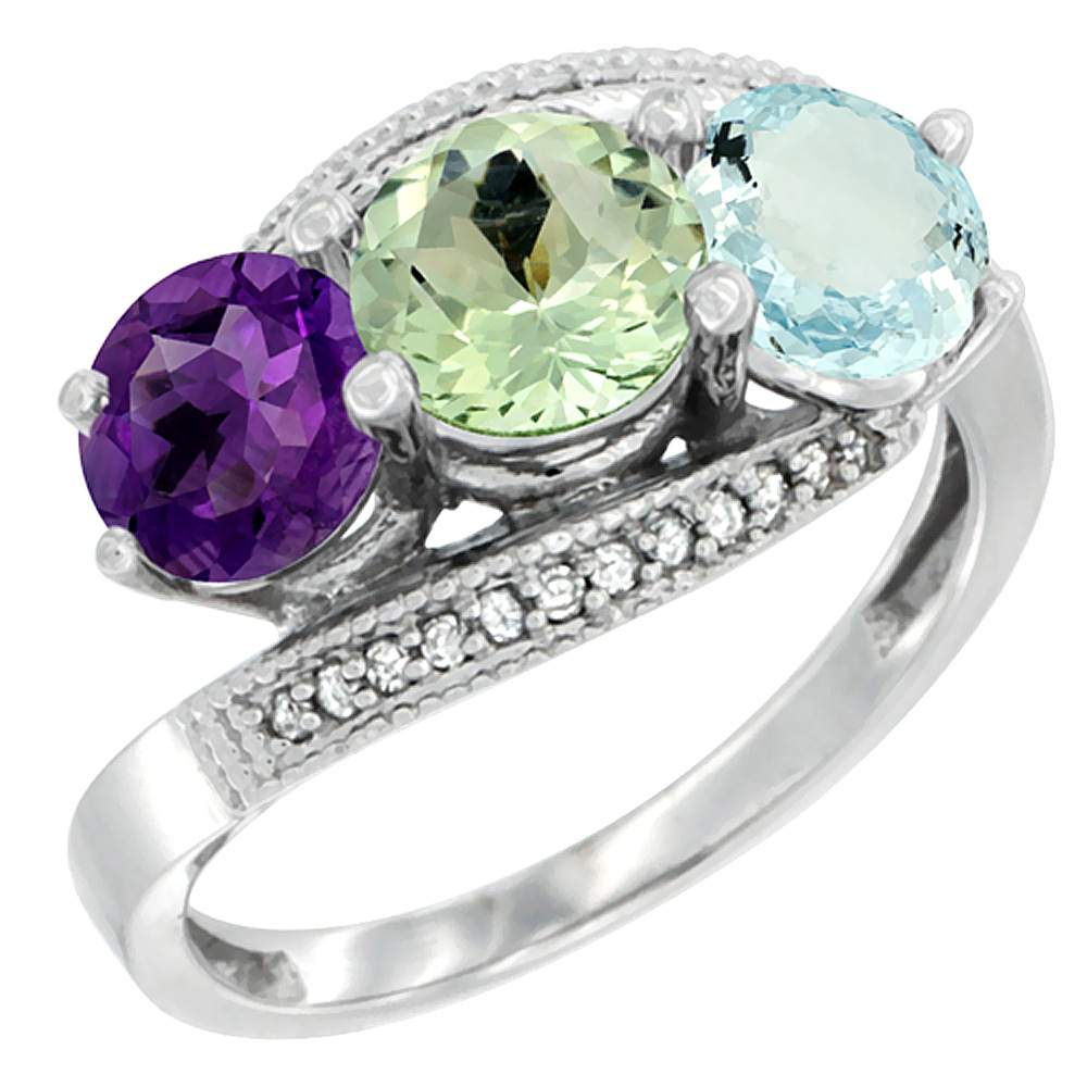 10K White Gold Natural Amethyst, Green Amethyst &amp; Aquamarine 3 stone Ring Round 6mm Diamond Accent, sizes 5 - 10