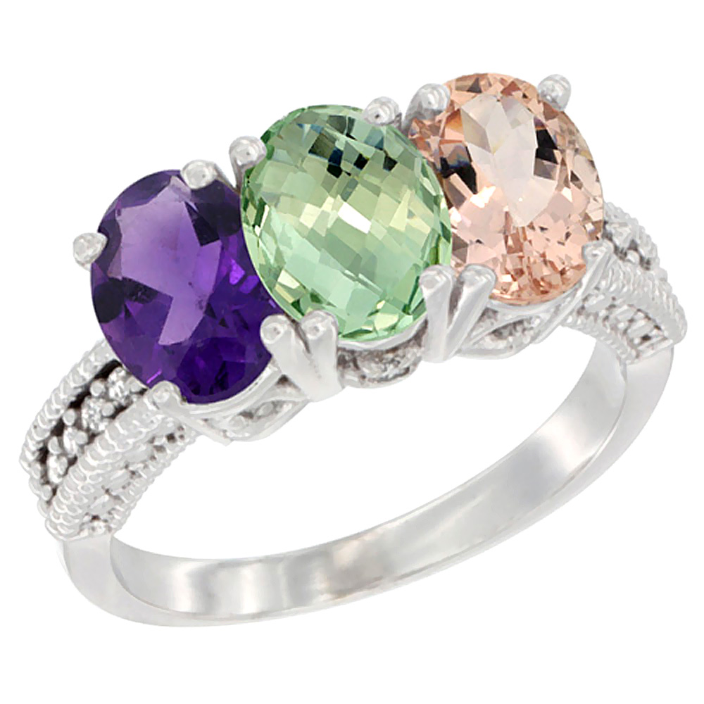 10K White Gold Natural Amethyst, Green Amethyst & Morganite Ring 3-Stone Oval 7x5 mm Diamond Accent, sizes 5 - 10