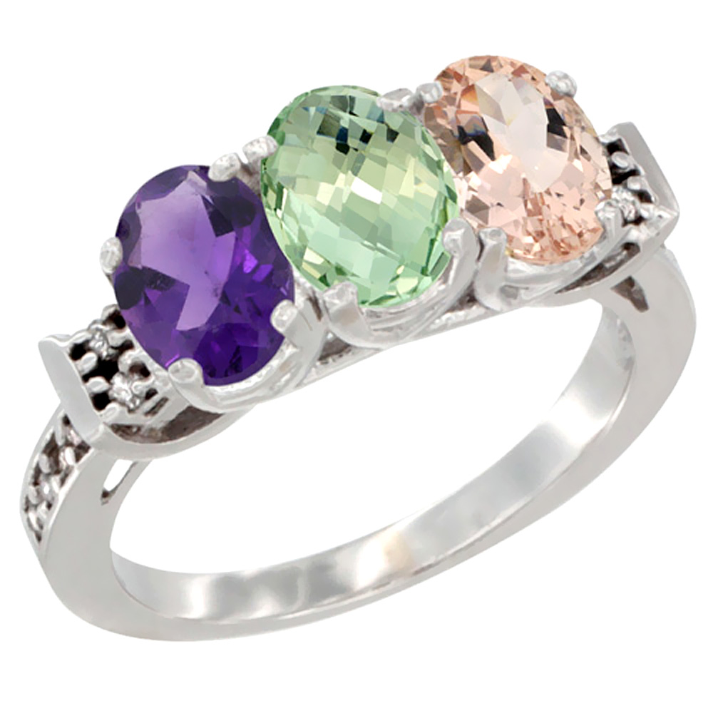 14K White Gold Natural Amethyst, Green Amethyst &amp; Morganite Ring 3-Stone 7x5 mm Oval Diamond Accent, sizes 5 - 10