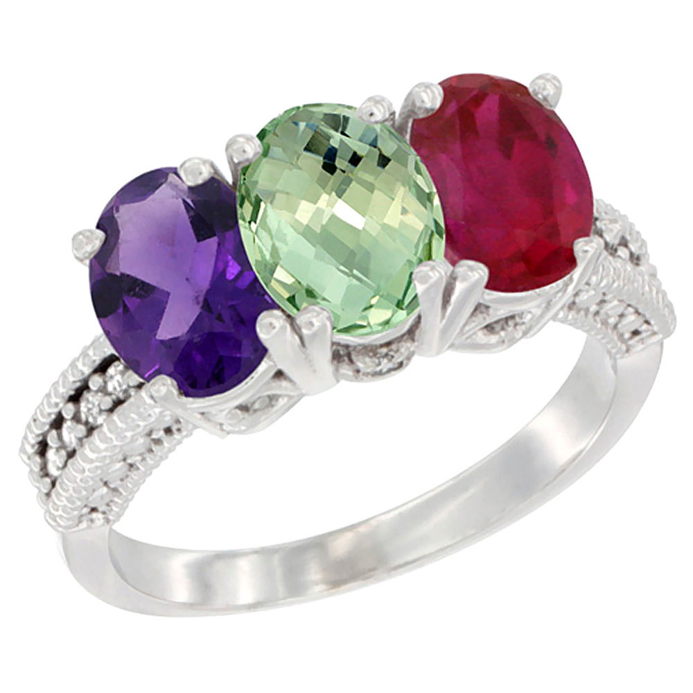 14K White Gold Natural Amethyst, Green Amethyst &amp; Enhanced Ruby Ring 3-Stone 7x5 mm Oval Diamond Accent, sizes 5 - 10