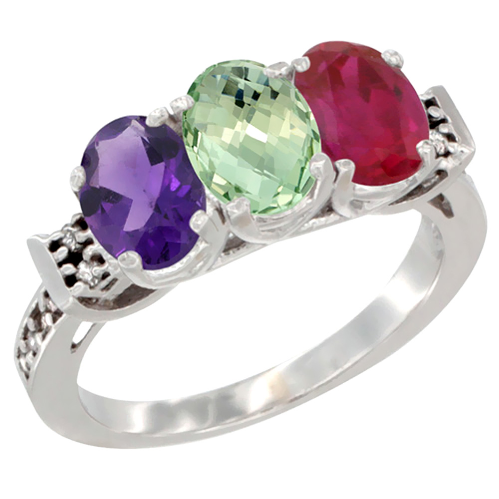 14K White Gold Natural Amethyst, Green Amethyst &amp; Enhanced Ruby Ring 3-Stone 7x5 mm Oval Diamond Accent, sizes 5 - 10