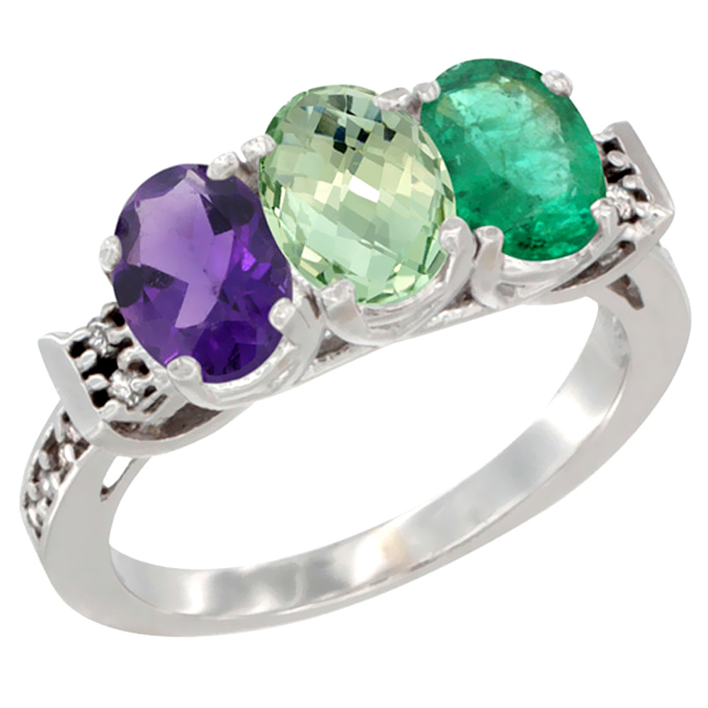 14K White Gold Natural Amethyst, Green Amethyst &amp; Emerald Ring 3-Stone 7x5 mm Oval Diamond Accent, sizes 5 - 10