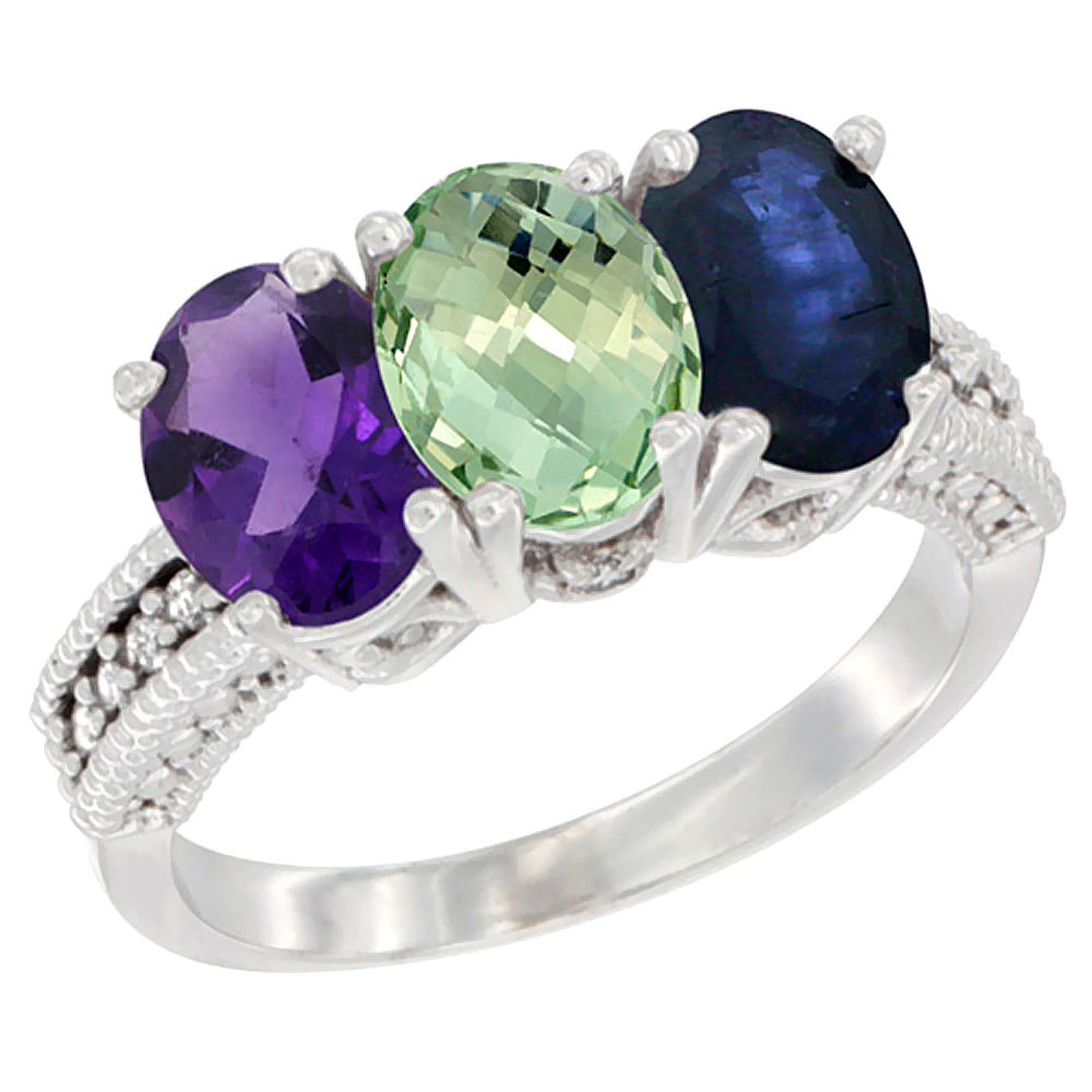 14K White Gold Natural Amethyst, Green Amethyst & Blue Sapphire Ring 3-Stone 7x5 mm Oval Diamond Accent, sizes 5 - 10