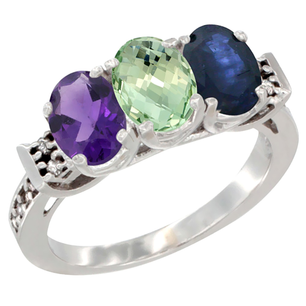 10K White Gold Natural Amethyst, Green Amethyst &amp; Blue Sapphire Ring 3-Stone Oval 7x5 mm Diamond Accent, sizes 5 - 10