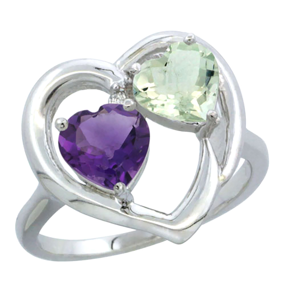 10K White Gold Diamond Two-stone Heart Ring 6mm Natural Amethyst &amp; Green Amethyst, sizes 5-10