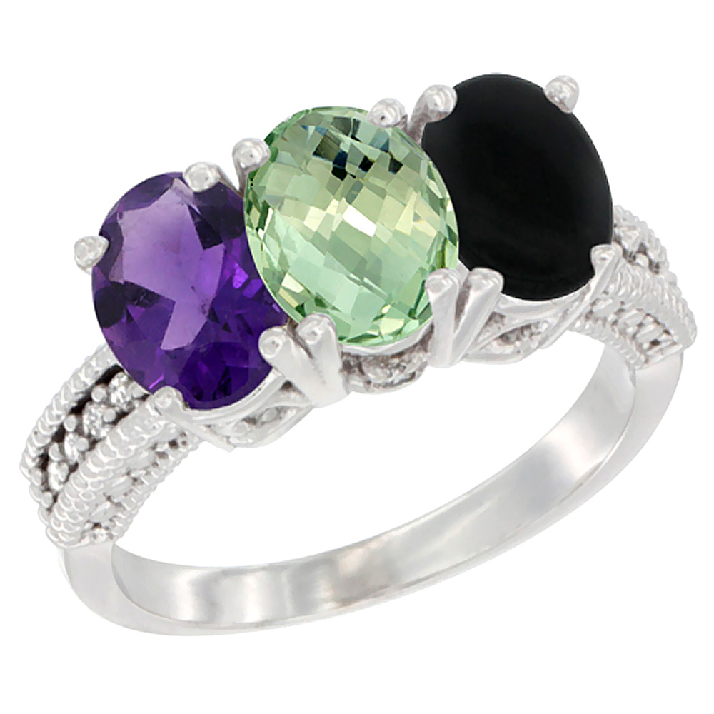 14K White Gold Natural Amethyst, Green Amethyst & Black Onyx Ring 3-Stone 7x5 mm Oval Diamond Accent, sizes 5 - 10