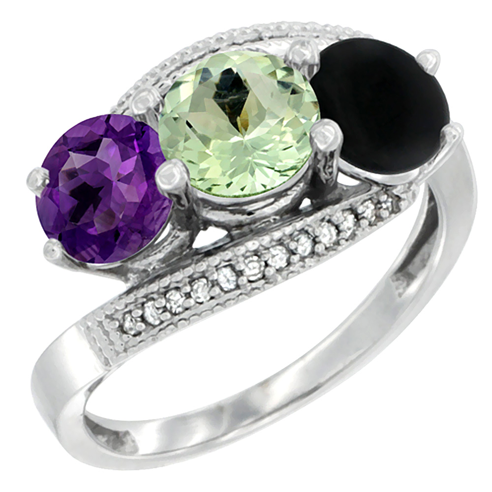 14K White Gold Natural Amethyst, Green Amethyst & Black Onyx 3 stone Ring Round 6mm Diamond Accent, sizes 5 - 10