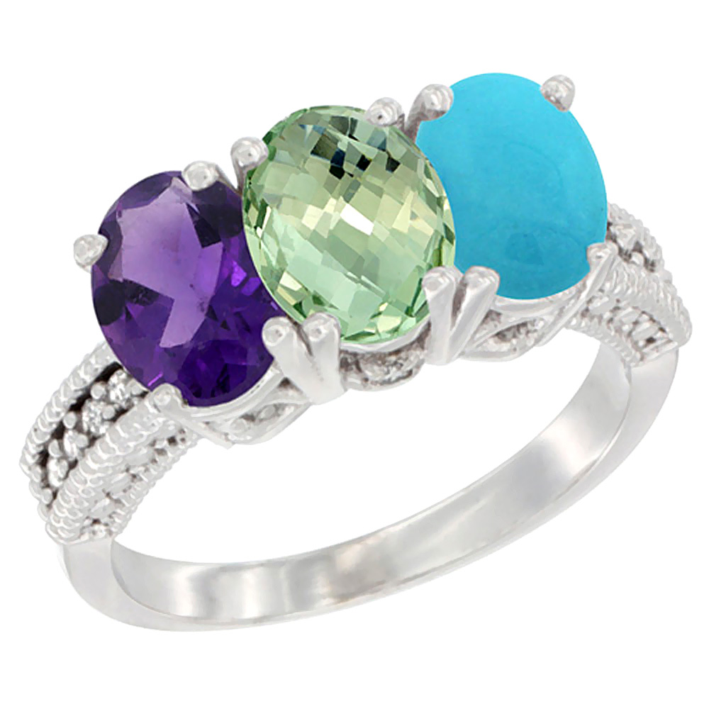 10K White Gold Natural Amethyst, Green Amethyst & Turquoise Ring 3-Stone Oval 7x5 mm Diamond Accent, sizes 5 - 10