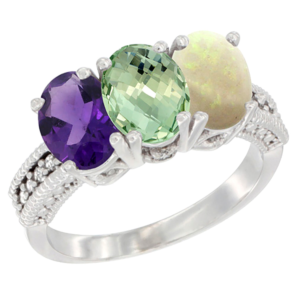 10K White Gold Natural Amethyst, Green Amethyst &amp; Opal Ring 3-Stone Oval 7x5 mm Diamond Accent, sizes 5 - 10