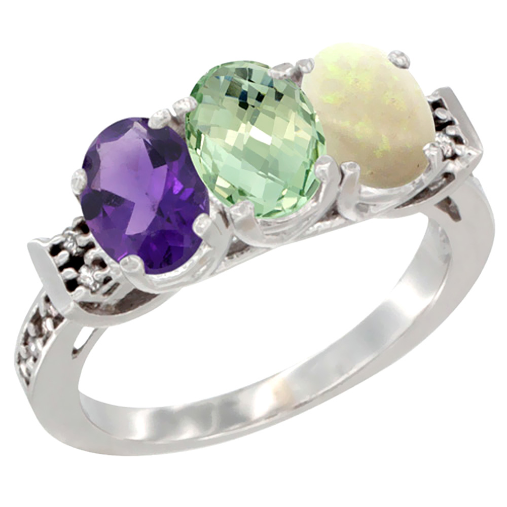 10K White Gold Natural Amethyst, Green Amethyst &amp; Opal Ring 3-Stone Oval 7x5 mm Diamond Accent, sizes 5 - 10