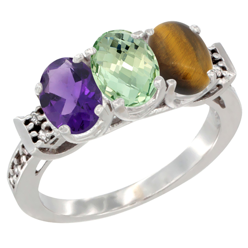 14K White Gold Natural Amethyst, Green Amethyst &amp; Tiger Eye Ring 3-Stone 7x5 mm Oval Diamond Accent, sizes 5 - 10