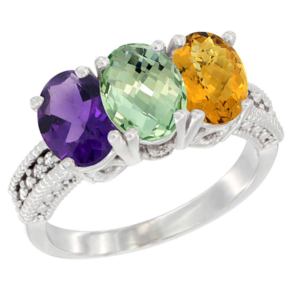 14K White Gold Natural Amethyst, Green Amethyst & Whisky Quartz Ring 3-Stone 7x5 mm Oval Diamond Accent, sizes 5 - 10